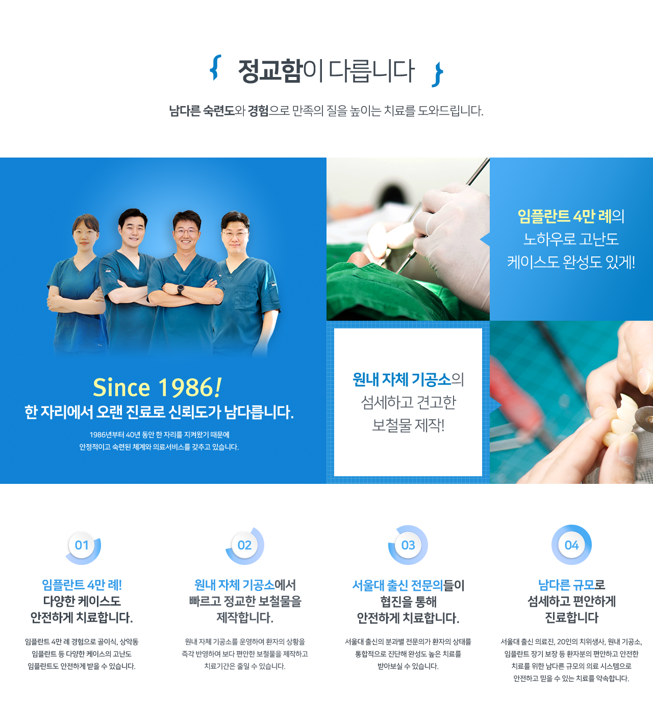 정교함이 다릅니다 - 1986년부터 이어온 신뢰, 임플란트 4만5천례 경험과 원내 자체 기공소 운영