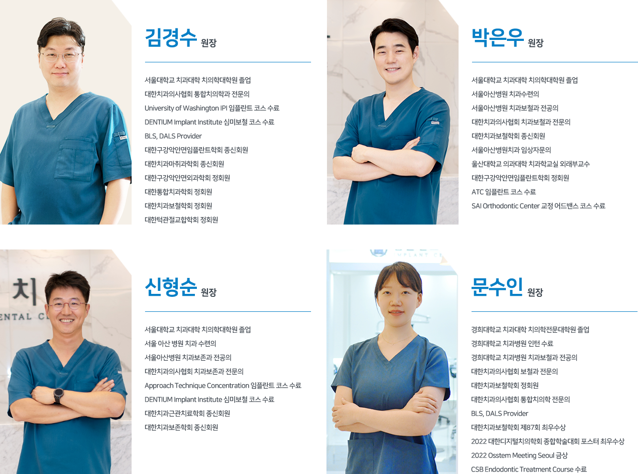 강북백상치과의원 원장진 약력 및 경력 소개 - 김경수, 박은우, 신형순, 문수인 원장