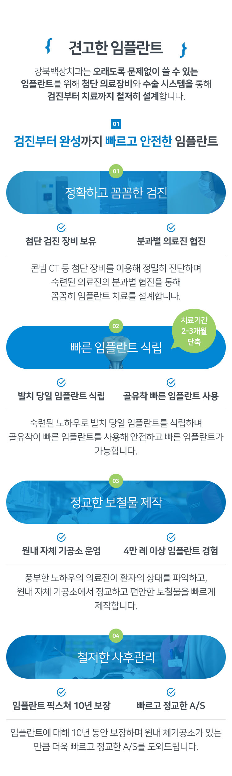 견고한 임플란트 - 정확한 검진부터 빠른 식립, 정교한 보철물 제작, 철저한 사후관리까지