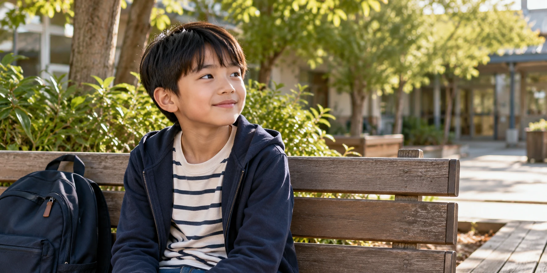 A child sitting beside a schoolbag on a wooden bench in a leafy courtyard