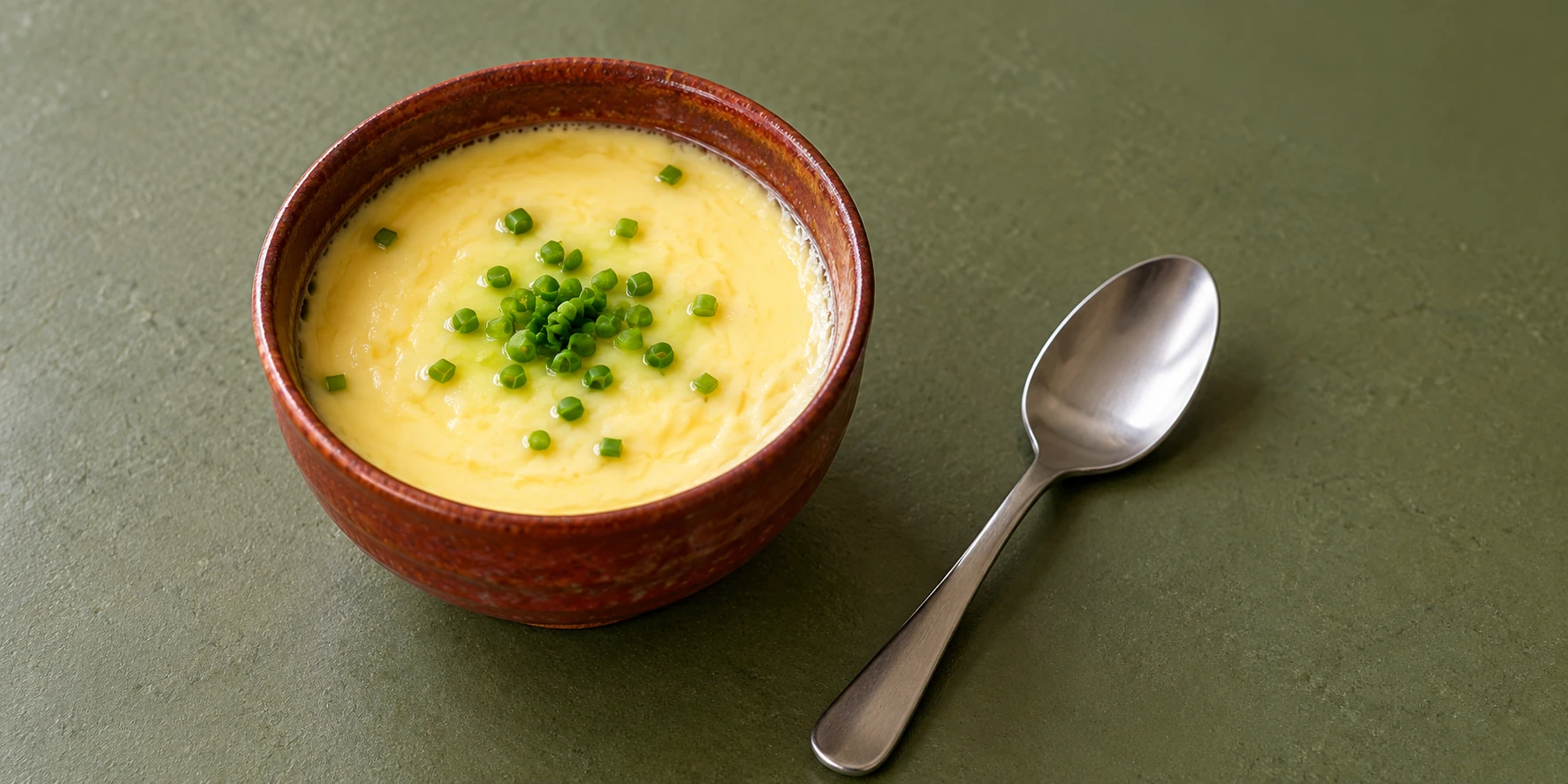 Soft steamed egg custard in a brown bowl with a spoon resting beside it on an olive-colored table