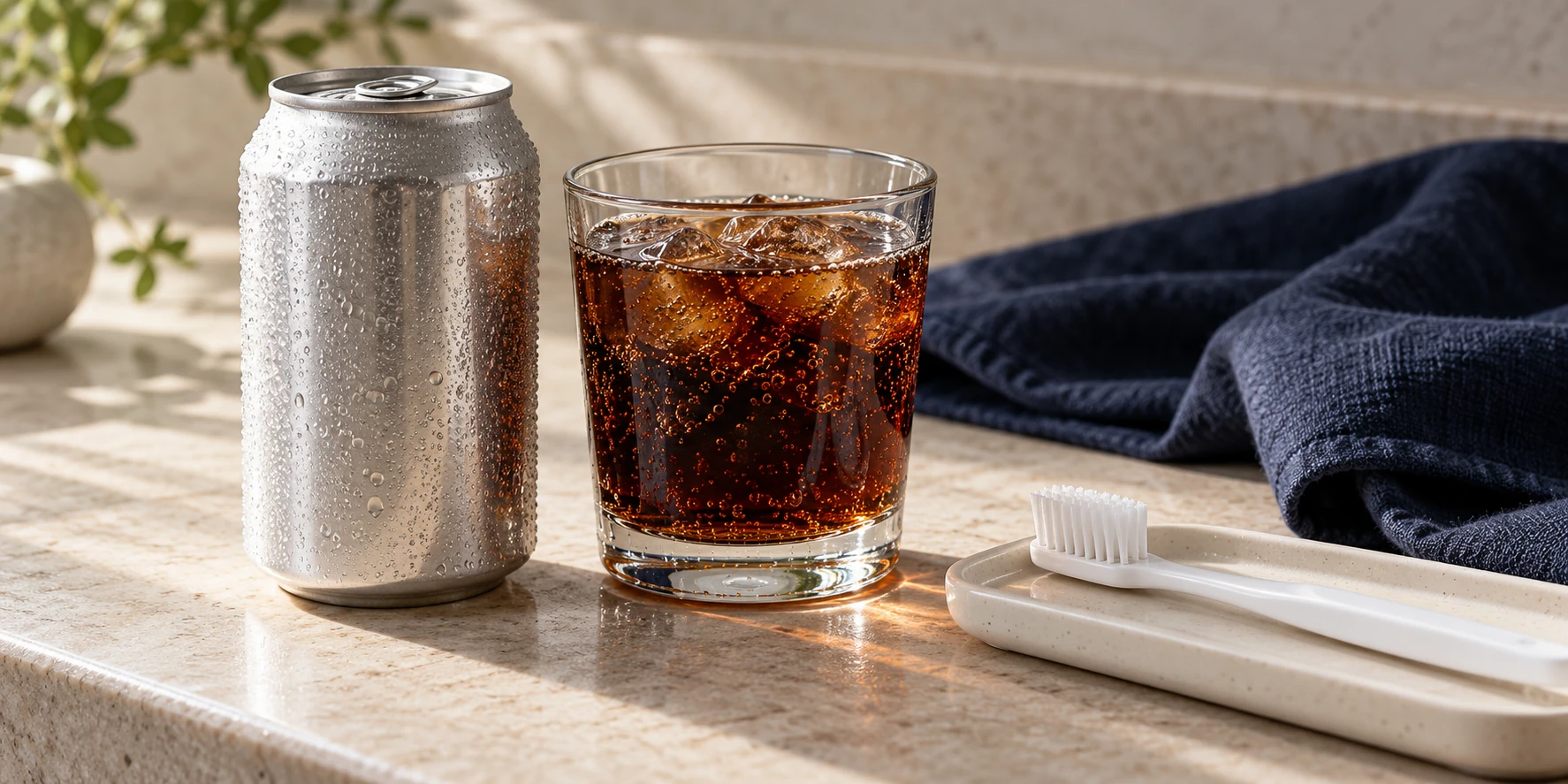 A glass of carbonated drink beside an unlabelled silver can and a white toothbrush