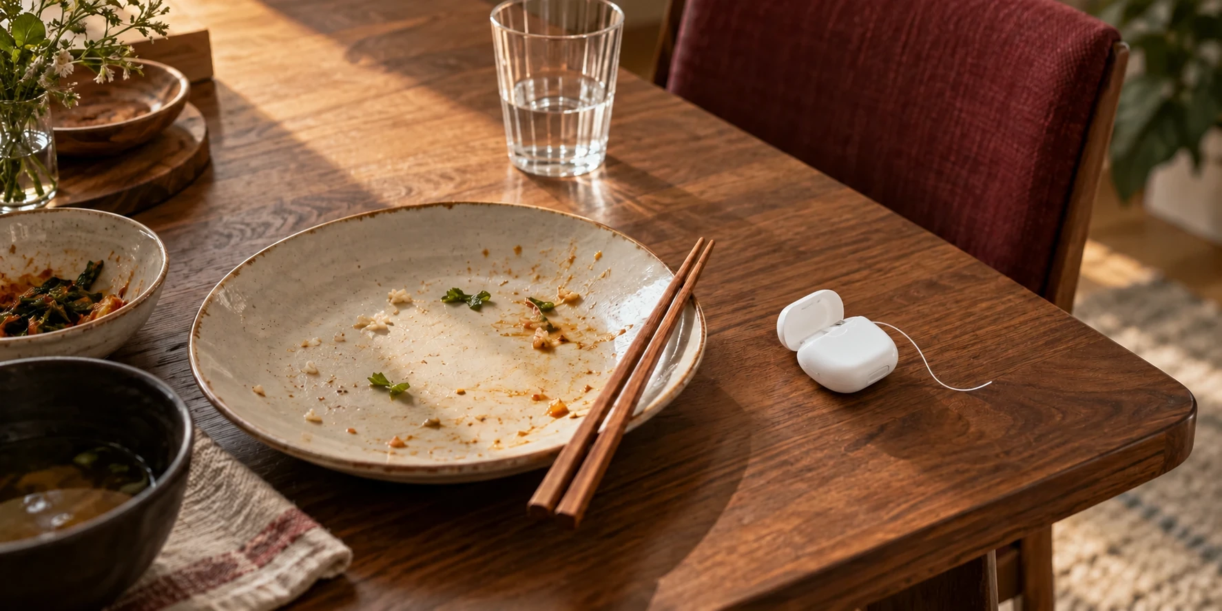 식사를 마친 나무 식탁 위 접시와 젓가락 옆에 놓인 치실 용기