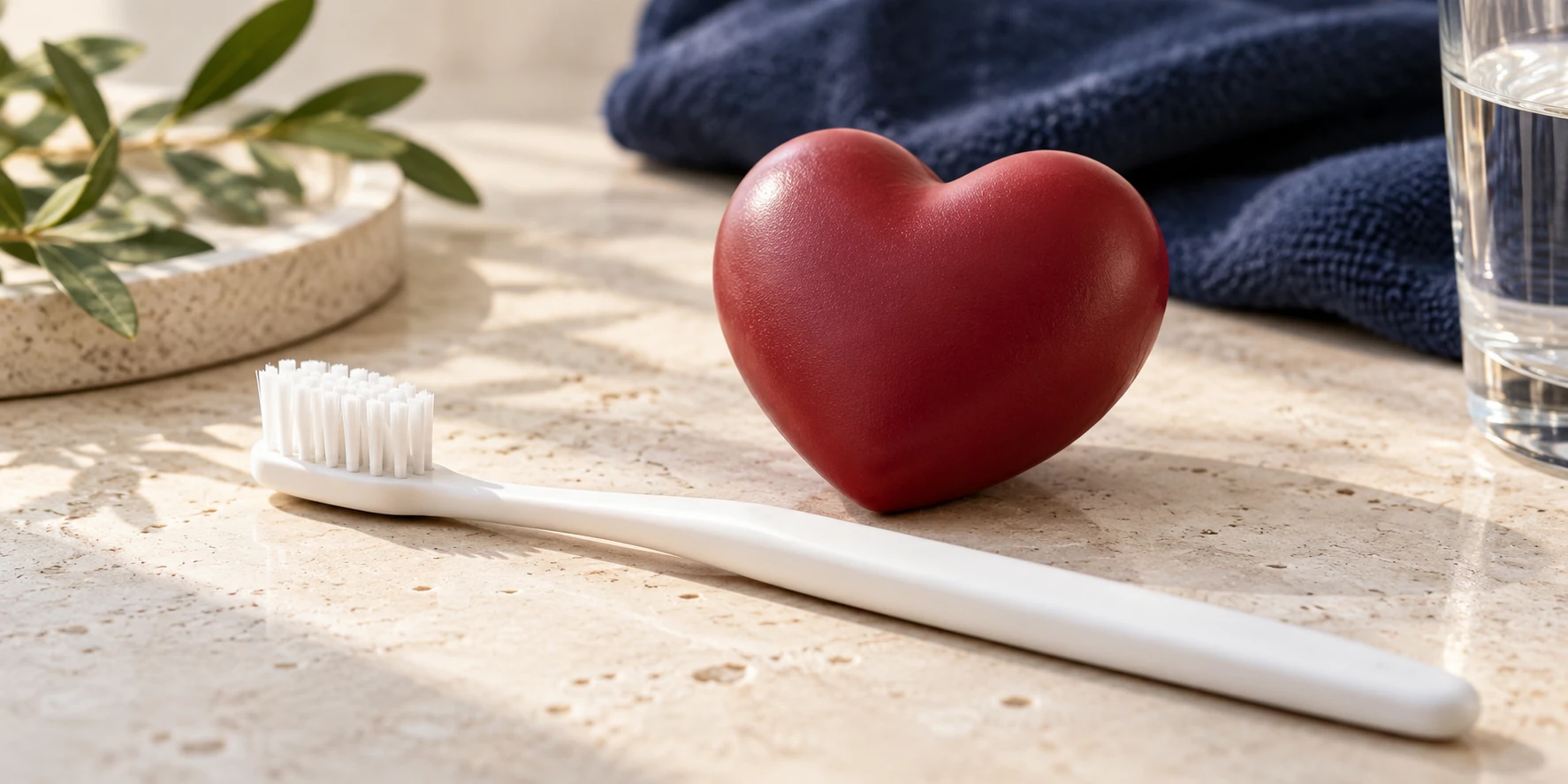 A heart-shaped object beside a toothbrush