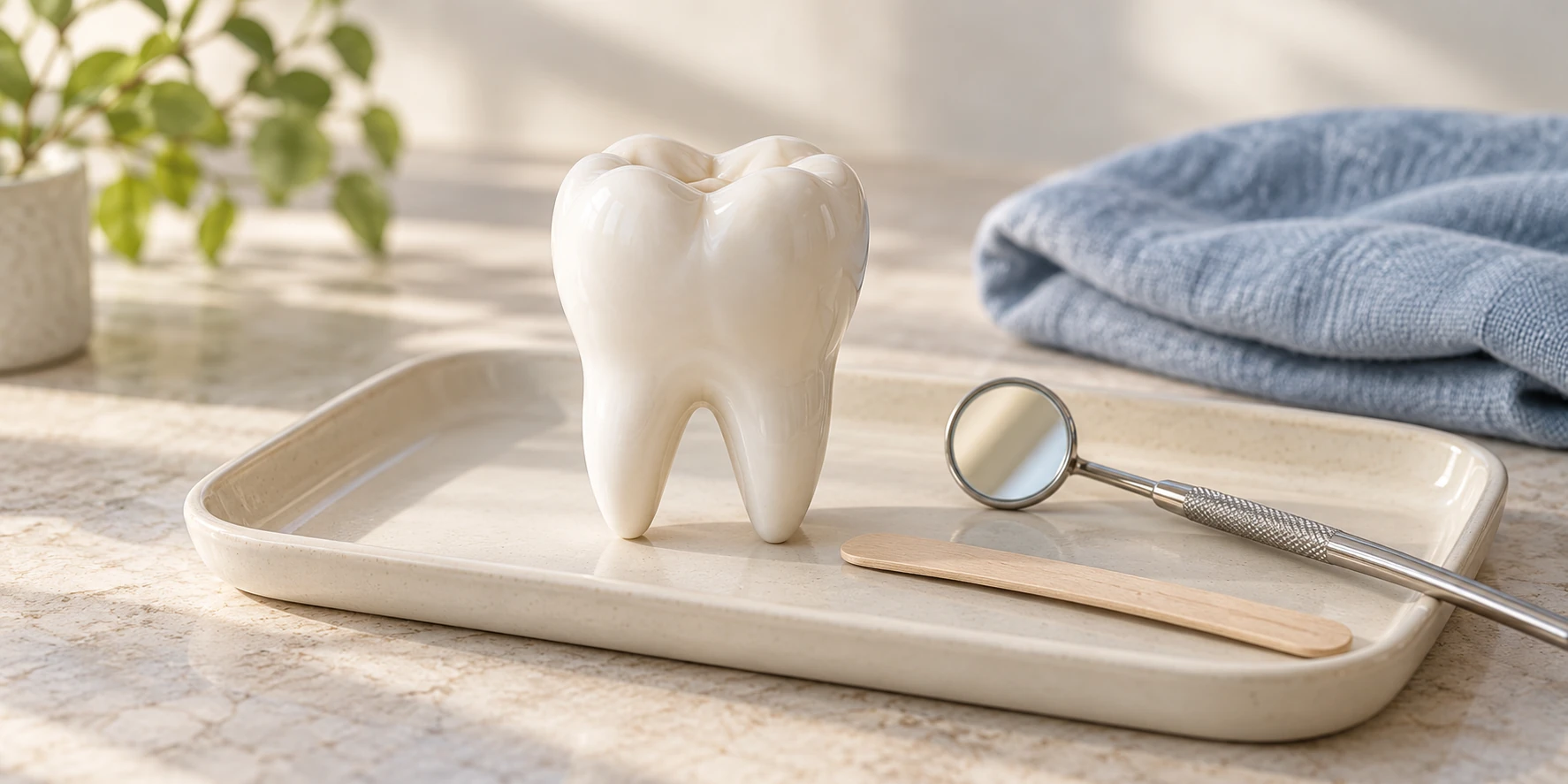 A tooth model, examination mirror and wooden stick on a ceramic tray