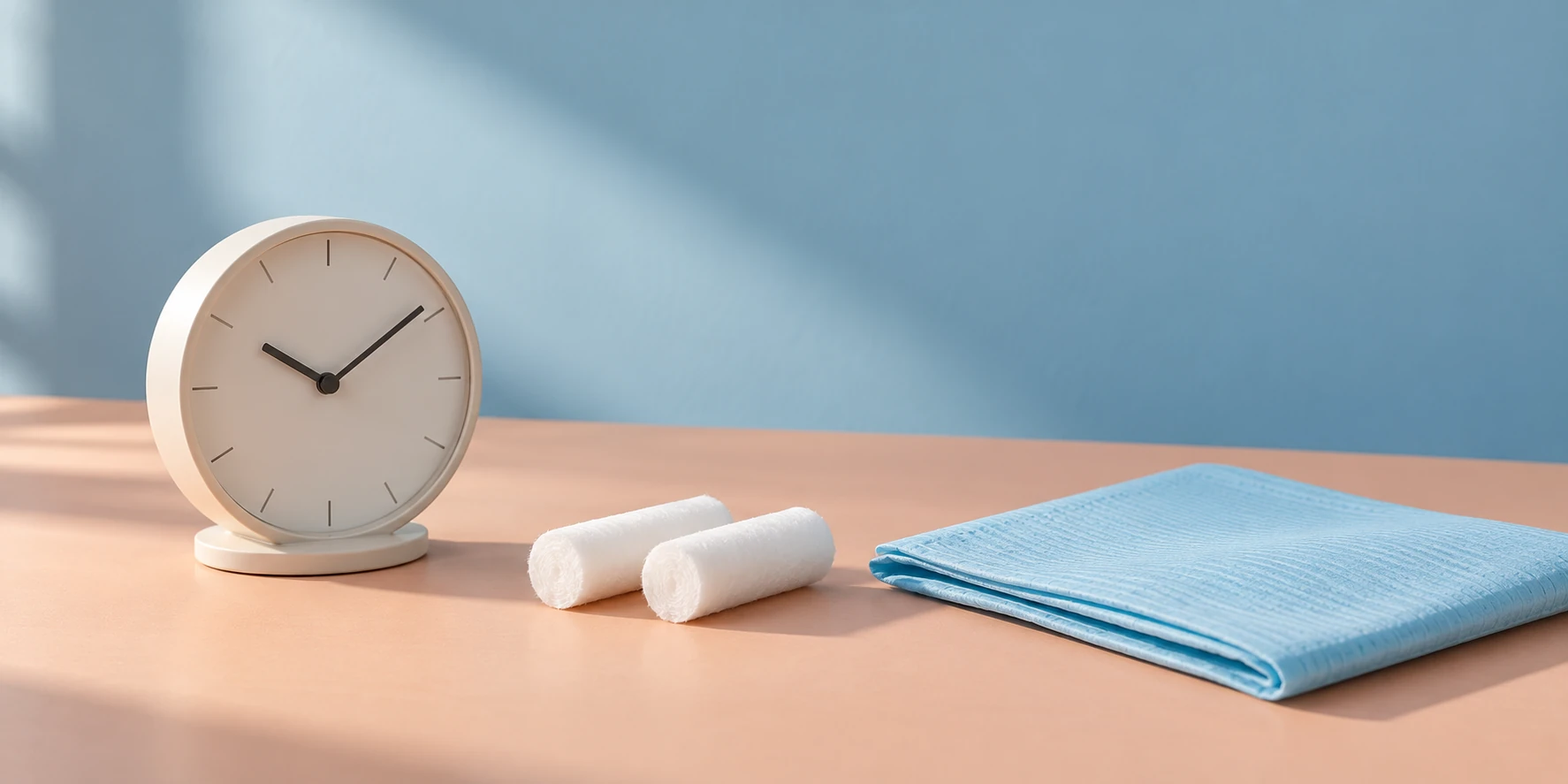 A small clock, two dental cotton rolls, and a folded blue dental bib resting on a peach-colored counter