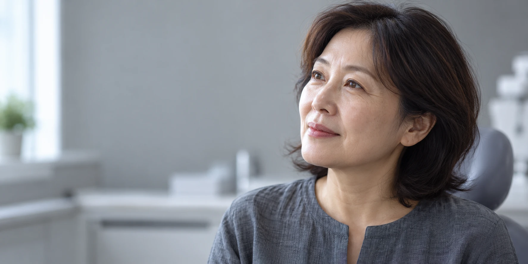 회색 진료실에서 상담을 듣는 중년 여성의 옆얼굴