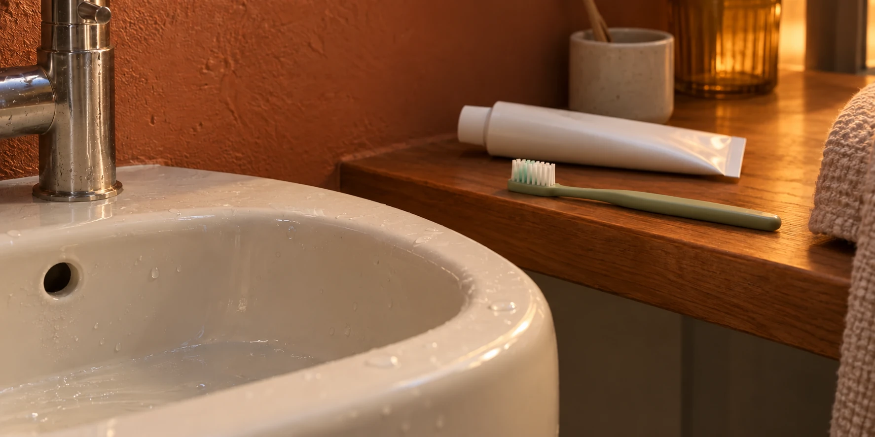 A toothbrush and toothpaste placed securely toward the back of a wooden bathroom shelf in warm light