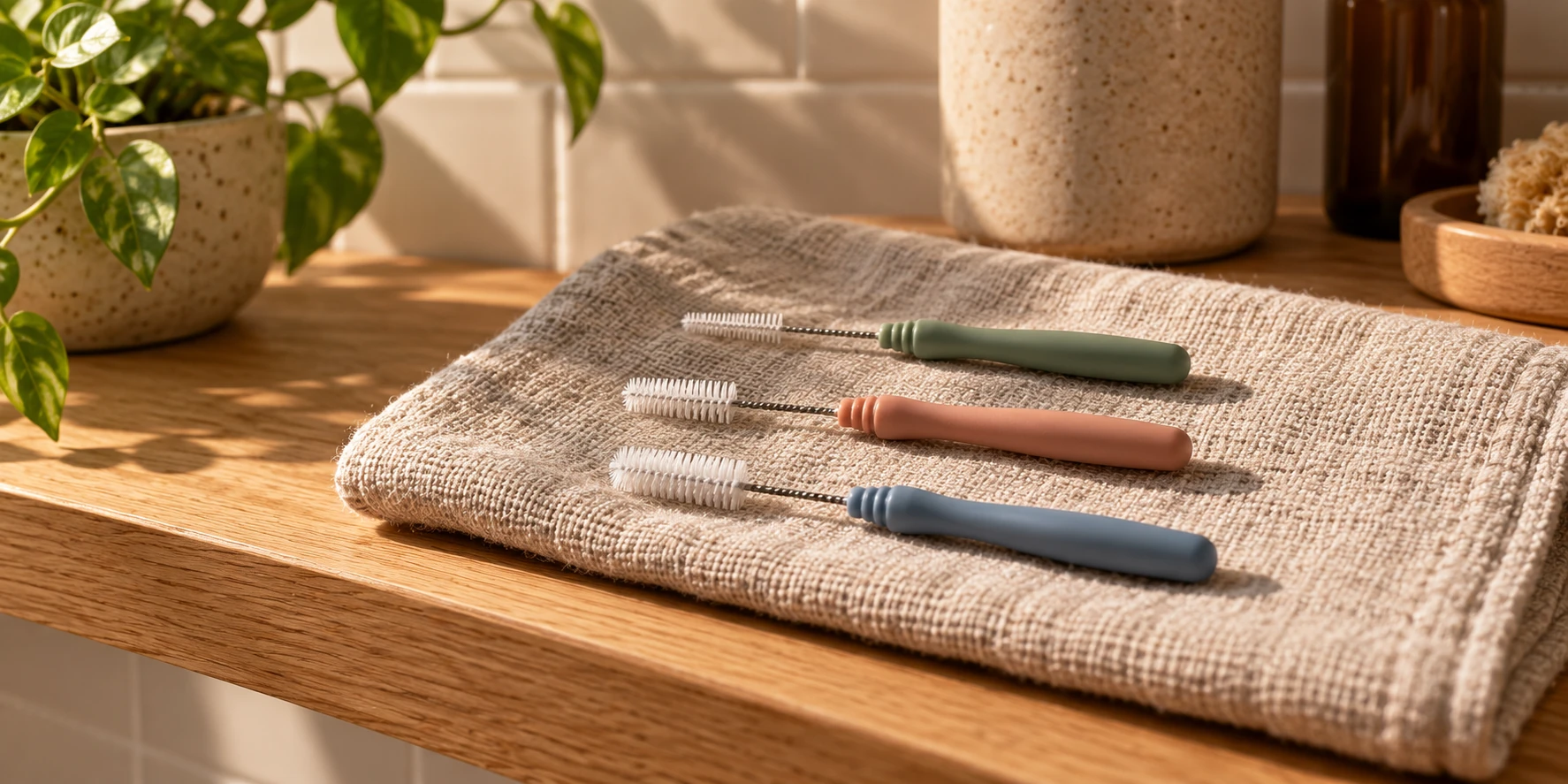 Three differently sized interdental brushes resting on a linen cloth on a wooden shelf