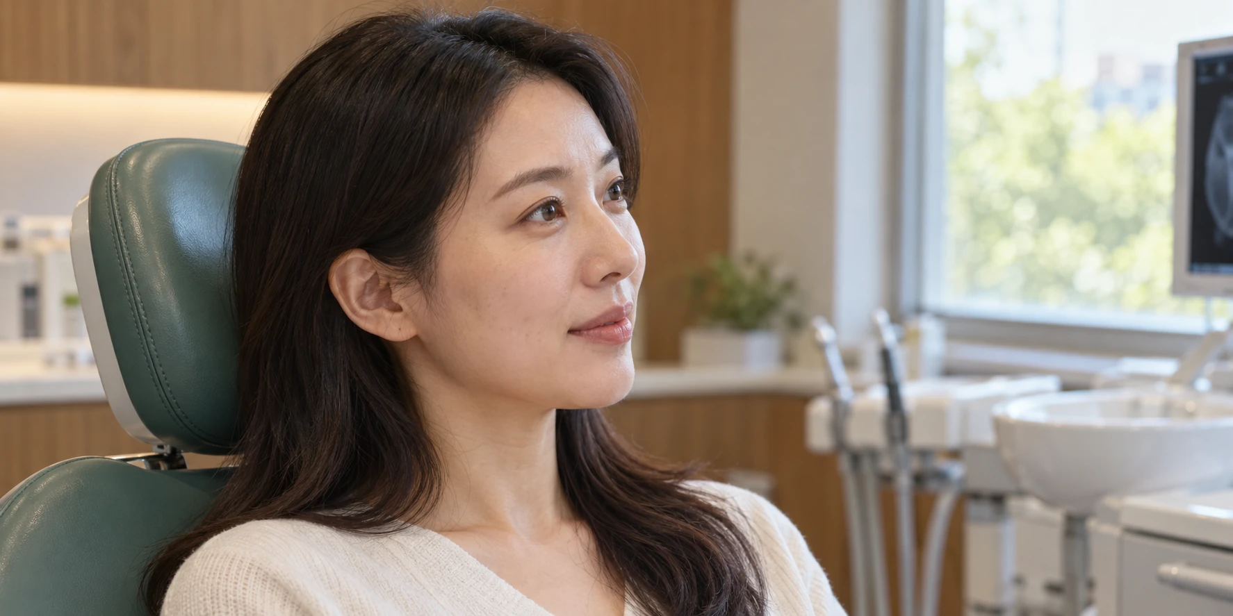 초록색 치과 의자에 기대어 설명을 듣는 성인 여성의 옆모습