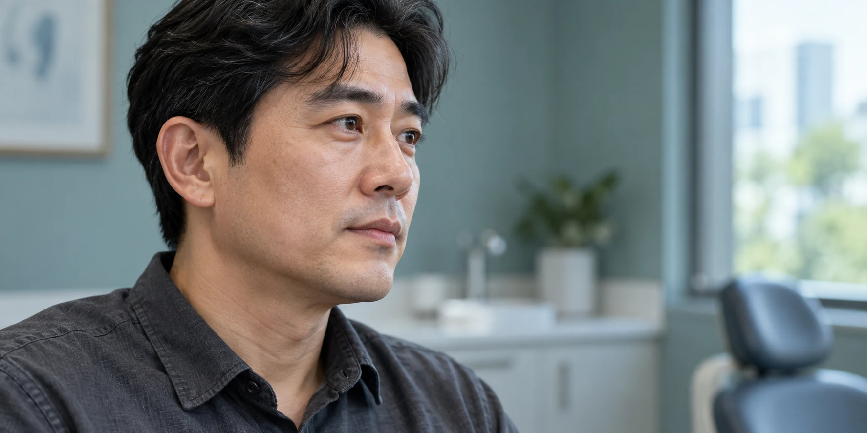 The face and jawline of a middle-aged man listening in a calm blue-gray dental consultation room