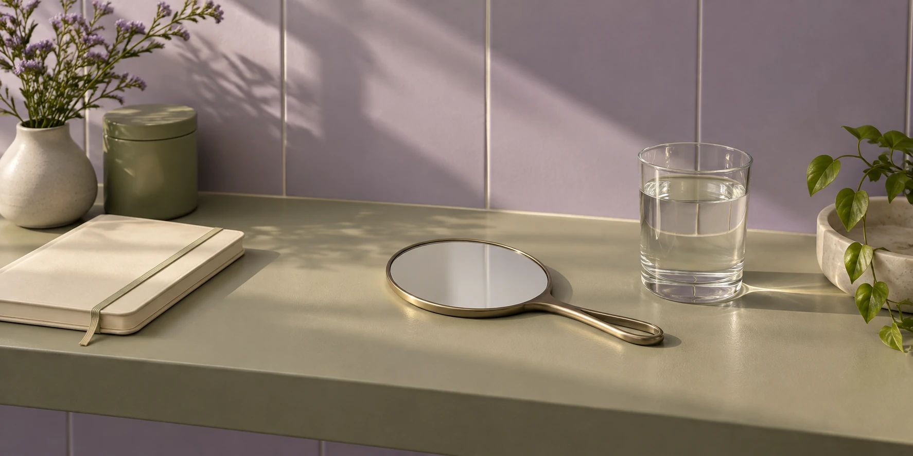 A handheld mirror lying flat beside a glass of water and a notebook on a lavender bathroom shelf