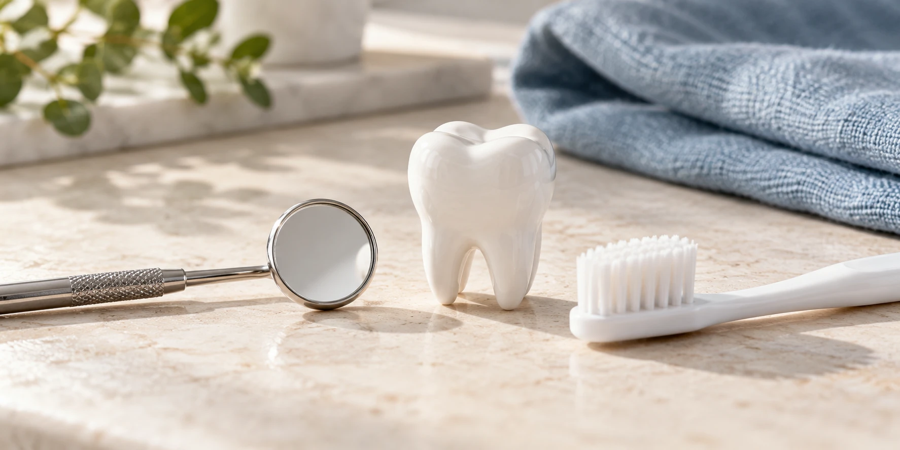 A dental examination mirror and toothbrush beside a white tooth model