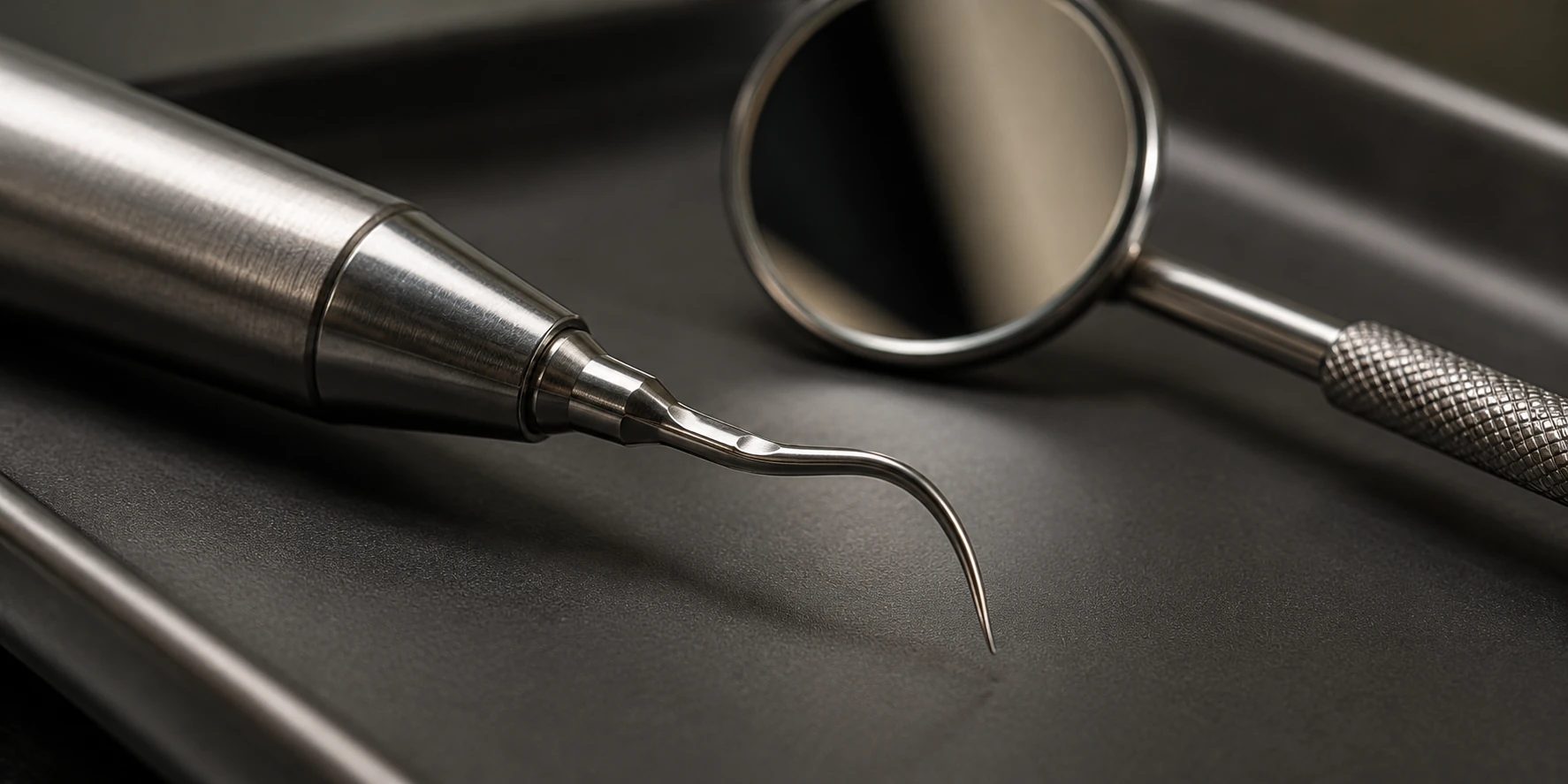 Metal textures of a scaling instrument tip and dental mirror on a dark instrument tray