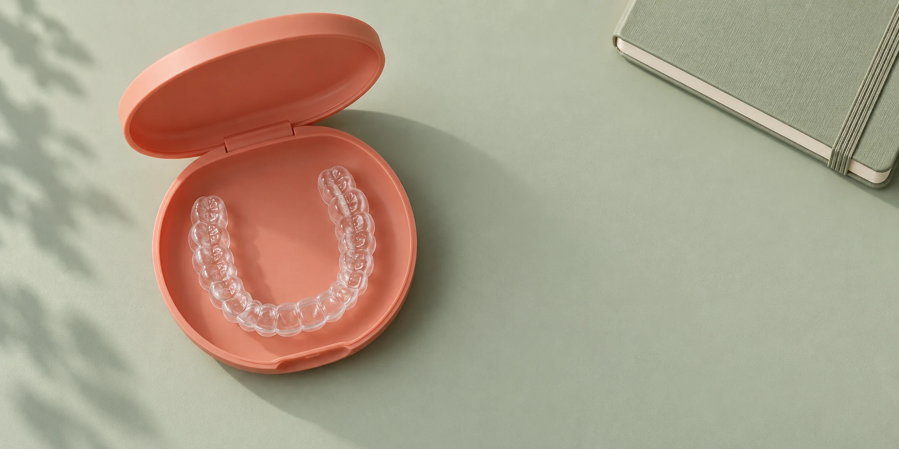 A clear aligner resting in a coral-colored case on a pale green desktop
