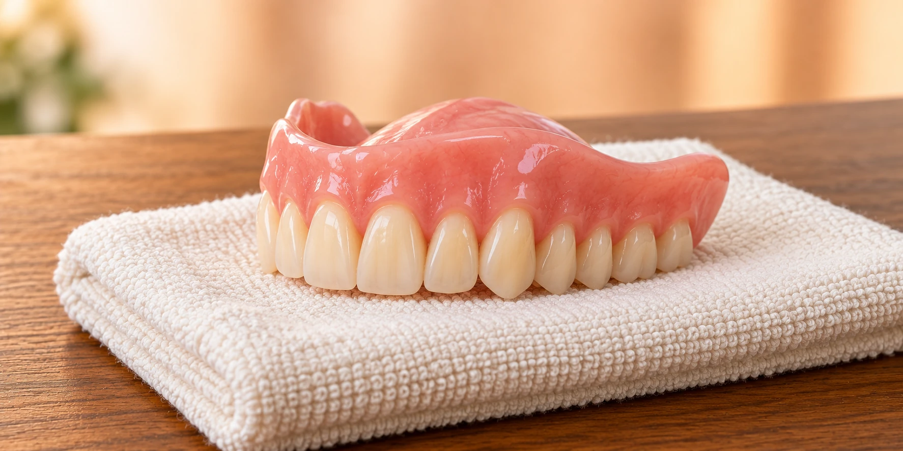 An upper complete denture viewed from the front at an angle, resting on a folded towel